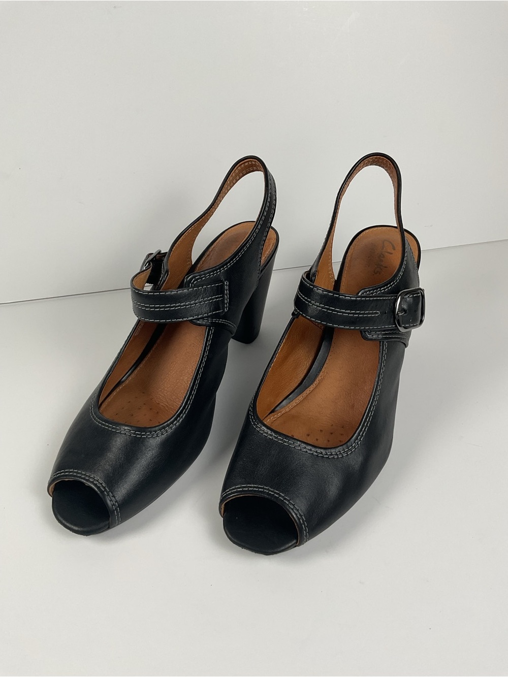 Clarks Artisan Black Leather Slingback Peep Toe Heels Women’s 9.5M - Picture 3 of 11